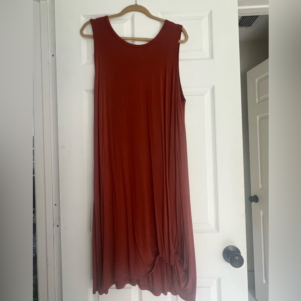 Philosophy rust brown dress with twisted knot at bottom.